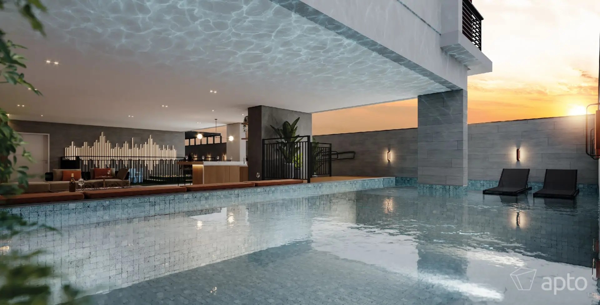 Piscina com iluminação natural e espaço de convivência