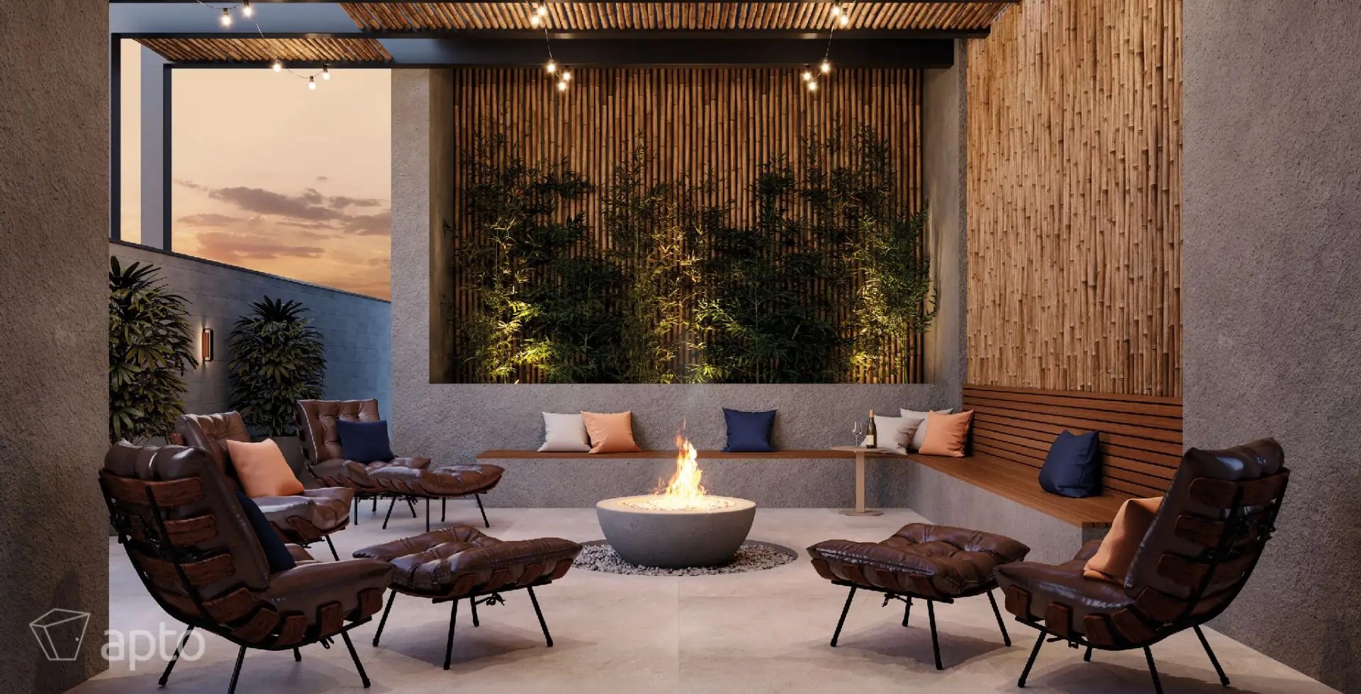 Lounge com jardim vertical e assentos de convivência