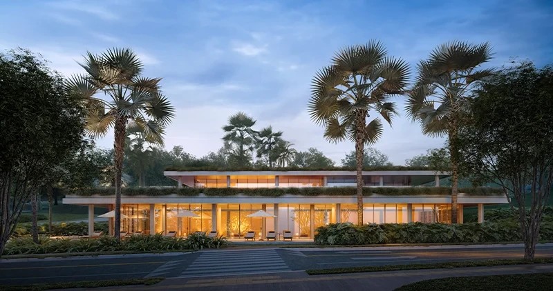 Arquitetura do clube de bem-estar integrada ao paisagismo