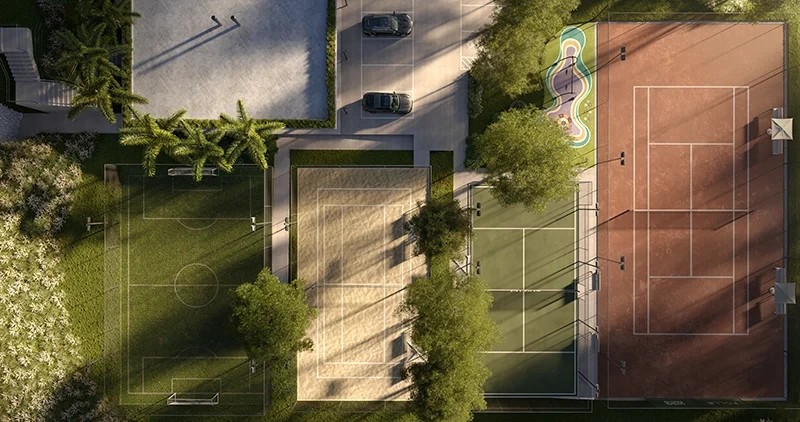 Quadras esportivas integradas ao paisagismo